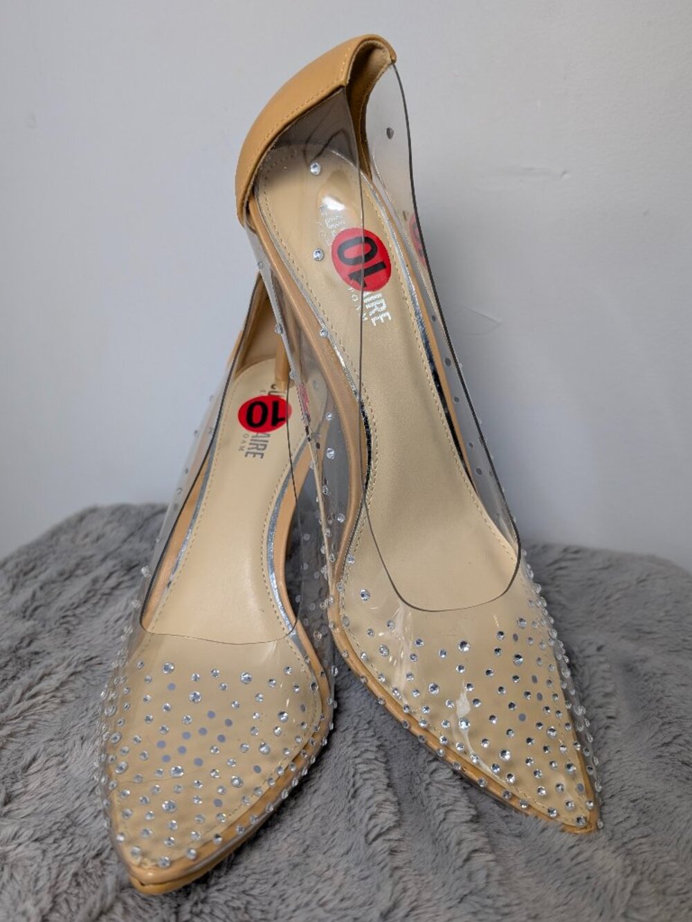 Cushionaire Nude Stiletto Pumps Clear Rhinestone Upper Pointed Toe Heels Size 10